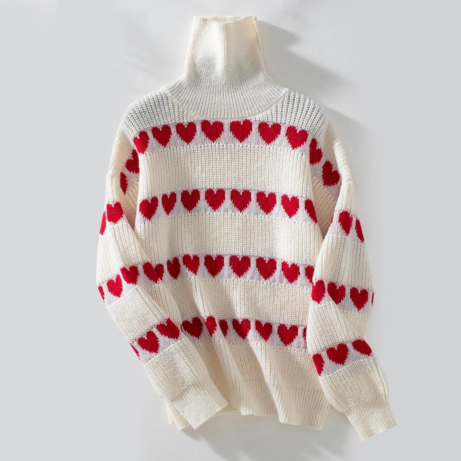 Ruziyoog Womens' Turtleneck Long Sleeve Cable Knit Sweaters V Neck Heart Jumpers Loose Casual Long Sleeve Pullover Sweaters