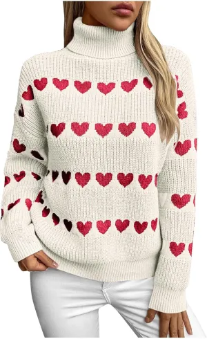 Ruziyoog Womens' Turtleneck Long Sleeve Cable Knit Sweaters V Neck Heart Jumpers Loose Casual Long Sleeve Pullover Sweaters