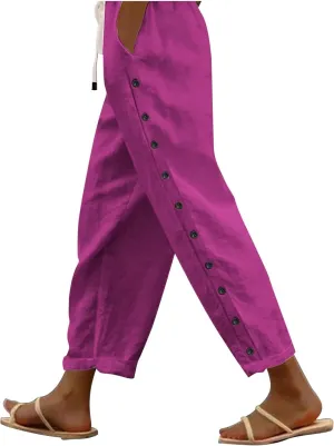 Side Button Linen Pants Striped Linen Pants for Women Elastic Waist Straight Leg Palazzo Causal Pant Baggy Side Button Beach Trousers with Pockets Stripe Pants Women