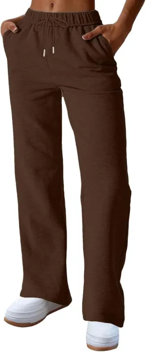 Straight Leg Sweatpants for Women Fleece Wide Leg Drawstring Trousers High Waisted Athletic Joggers with Pockets