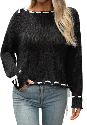 Sweater for Women Cable Knit Round Neck Solid Color Long Sleeve Casual Lightweight Soft Sweaters Tops