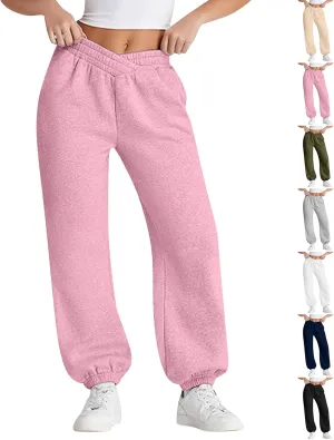 Sweatpants Women Baggy Crossover Waist Cotton Sweatpants Casual Joggers with Pockets Fleece Lined Cotton Joggers