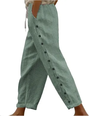 TUNUSKAT Womens Cotton Linen Striped Pants 2025 Summer Straight Leg Trousers Side Button Lounge Dress Slacks with Pockets