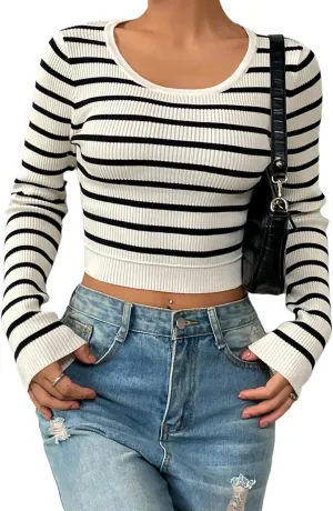 Verdusa Women's Crop Sweaters Long Sleeve Scoop Neck Striped Fitted Pullover Tops