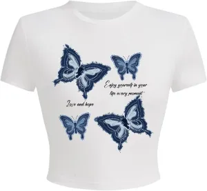 Verdusa Women's Y2K Butterfly Print Crop Tops Crew Neck Short Sleeve Fitted T Shirt