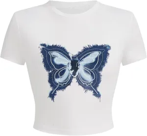 Verdusa Women's Y2K Butterfly Print Crop Tops Crew Neck Short Sleeve Fitted T Shirt