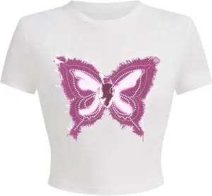 Verdusa Women's Y2K Butterfly Print Crop Tops Crew Neck Short Sleeve Fitted T Shirt