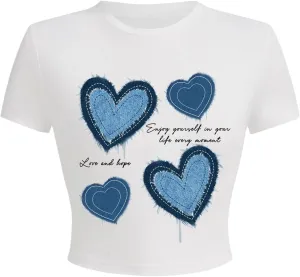 Verdusa Women's Y2K Butterfly Print Crop Tops Crew Neck Short Sleeve Fitted T Shirt
