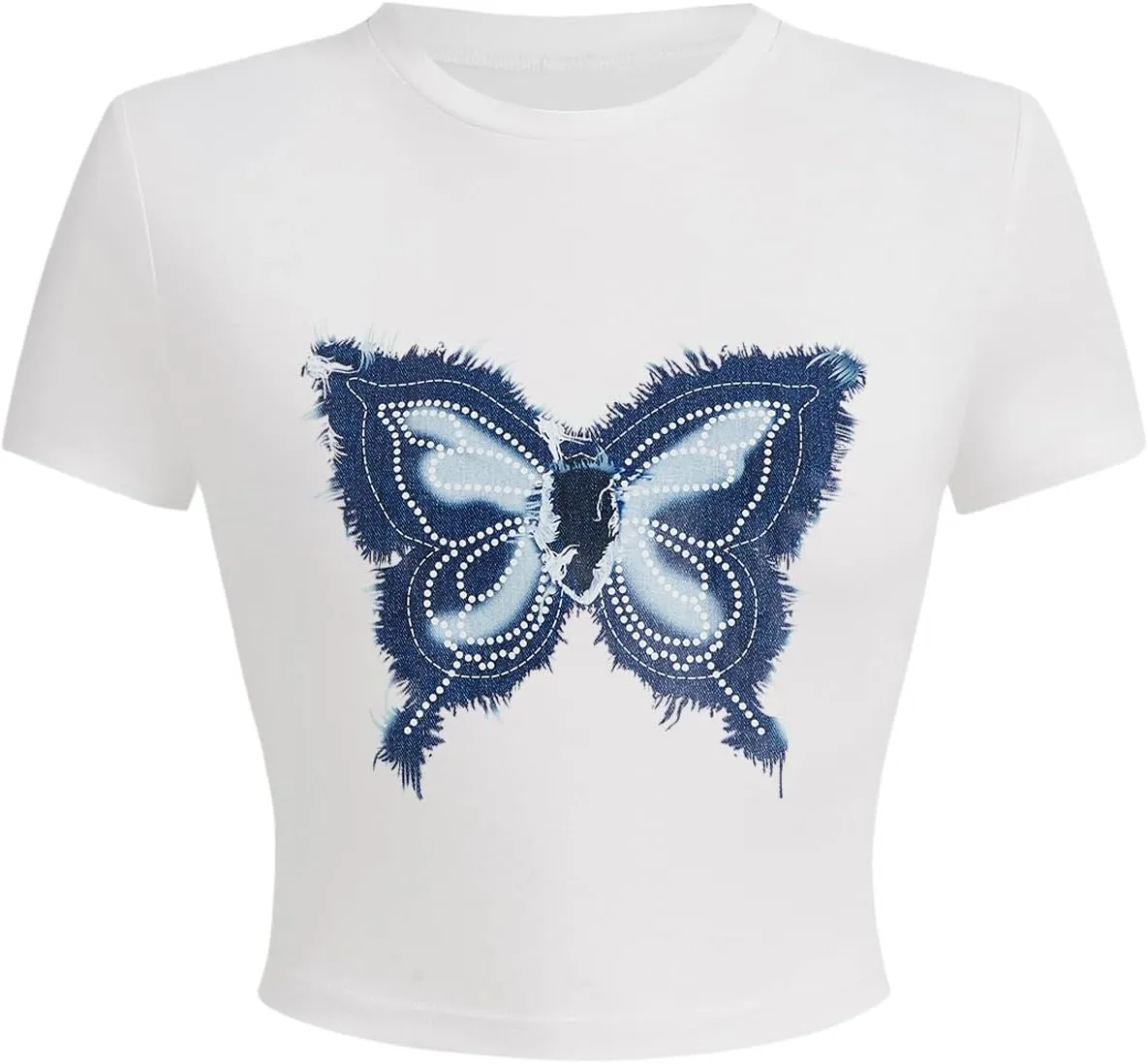 Verdusa Women's Y2K Butterfly Print Crop Tops Crew Neck Short Sleeve Fitted T Shirt