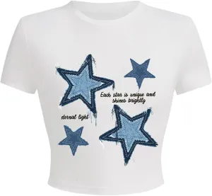 Verdusa Women's Y2K Butterfly Print Crop Tops Crew Neck Short Sleeve Fitted T Shirt