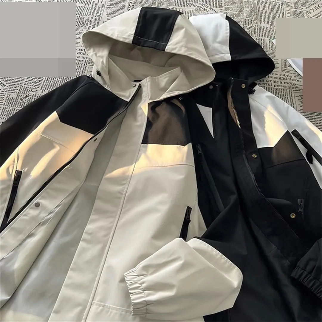Vsadsau Autumn Patchowork Hooded Jacket Men's Outdoor Jackets Casual Unisex Zippers Outwear Coats