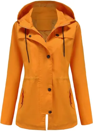 Waterproof Trench Coats Women Short Drawtring Lightweight Rain Jacket Pockets Hooded Windbreaker Rain Coat Outdoor