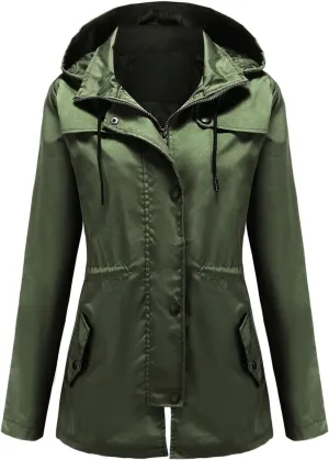 Waterproof Trench Coats Women Short Drawtring Lightweight Rain Jacket Pockets Hooded Windbreaker Rain Coat Outdoor
