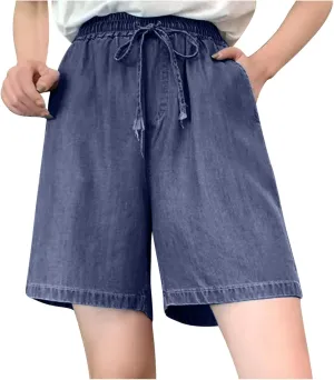 Wide Leg Jean Shorts Women's High Waist Knee Length Denim Shorts Drawstring Bermuda Shorts Casual Stretchy Jeans