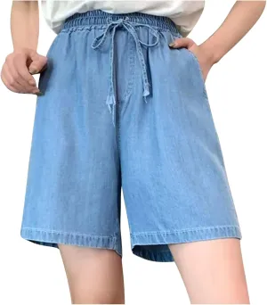 Wide Leg Jean Shorts Women's High Waist Knee Length Denim Shorts Drawstring Bermuda Shorts Casual Stretchy Jeans