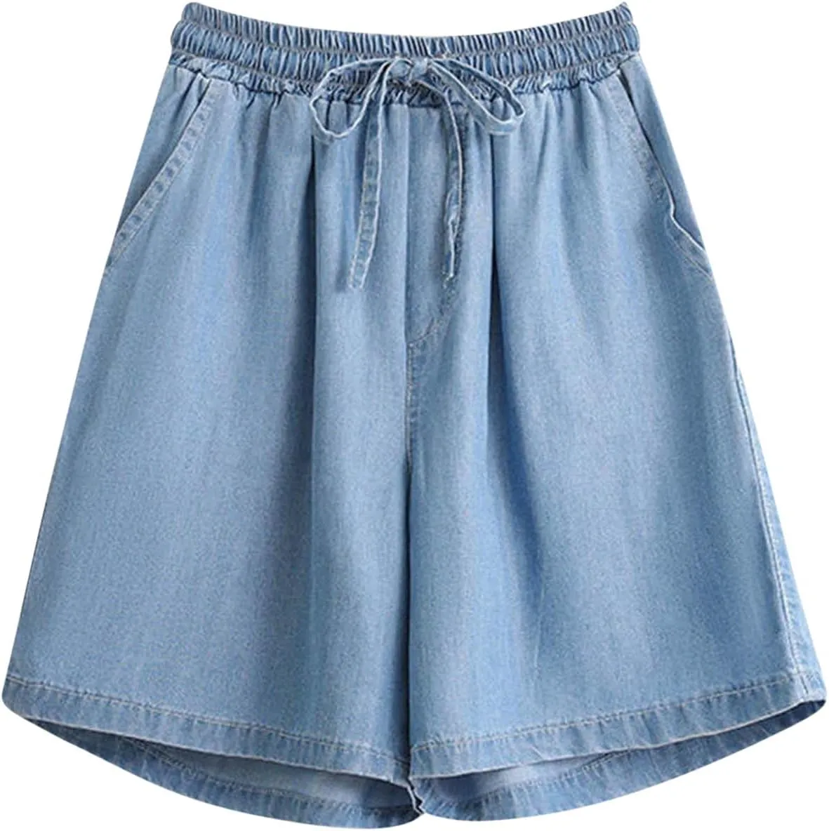 Wide Leg Jean Shorts Women's High Waist Knee Length Denim Shorts Drawstring Bermuda Shorts Casual Stretchy Jeans