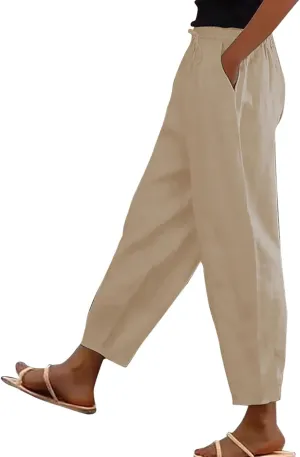 Wide Leg Linen Pants Women Baggy Lounge High Waist Summer Pants Casual Comfy Boho Beach Cotton Trousers with Pockets