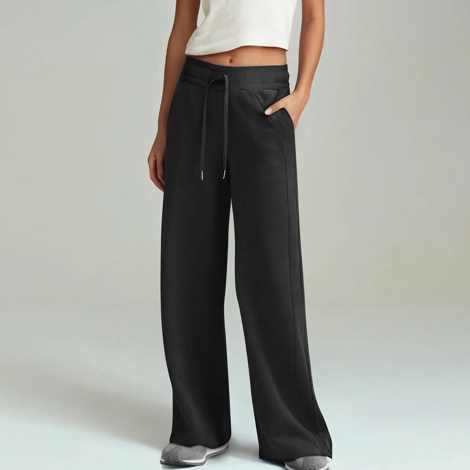 Wide Leg Sweatpants Women Baggy Elastic Drawstring High Waisted Lounge Pants Fleece Trouser Style Yoga Pants w/Pockets