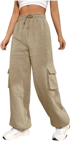 Wide Leg Sweatpants Women Baggy Fleece Lined Cargo Joggers with Pockets Loose Adjustable Bottom Parachute Pants