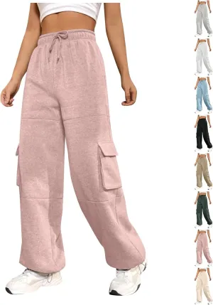 Wide Leg Sweatpants Women Baggy Fleece Lined Cargo Joggers with Pockets Loose Adjustable Bottom Parachute Pants