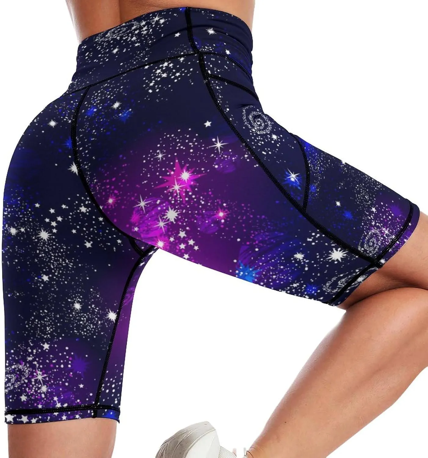 Women Biker Yoga Shorts High Waist Knee Length Workout Shorts with Pockets Soft
