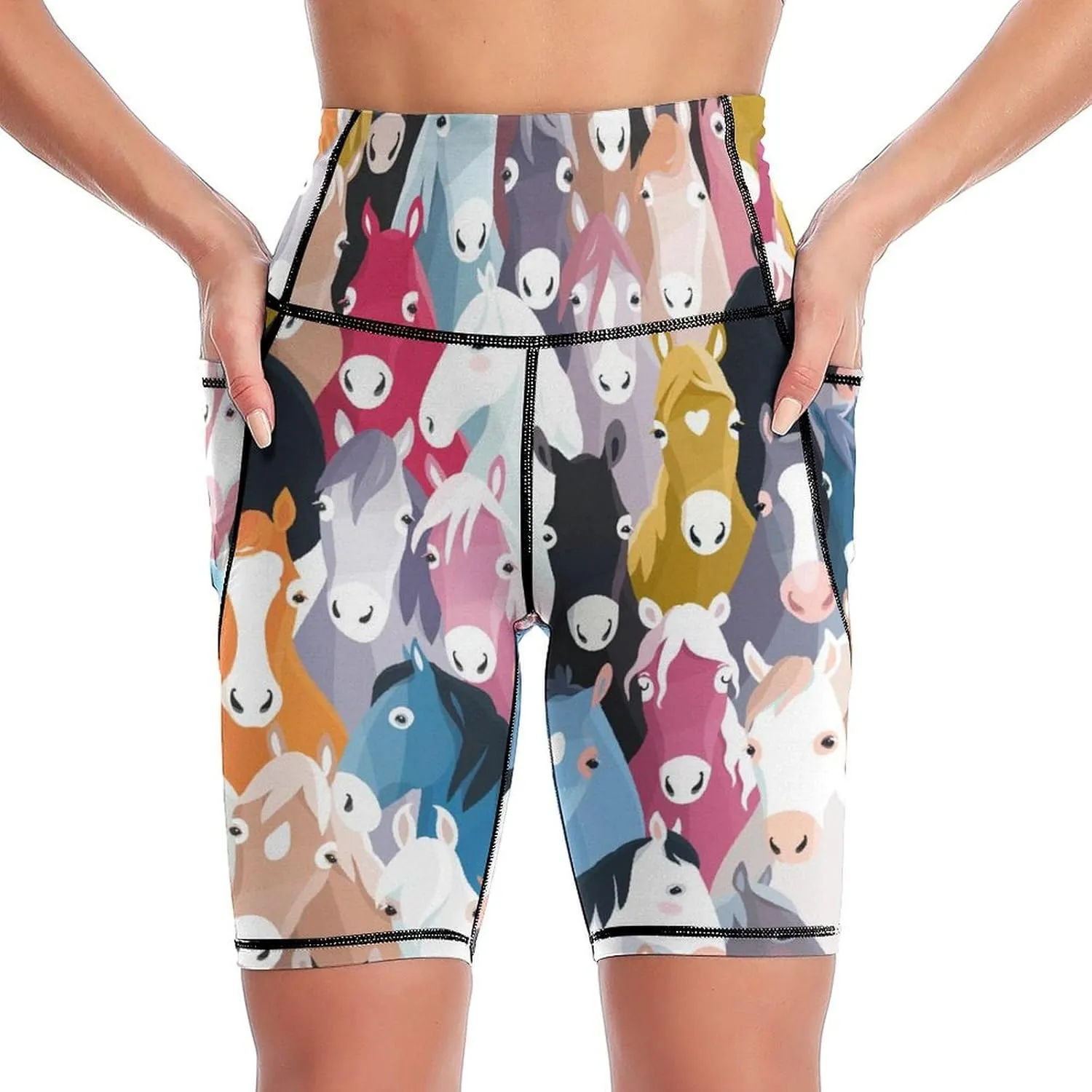 Women Biker Yoga Shorts High Waist Knee Length Workout Shorts with Pockets Soft
