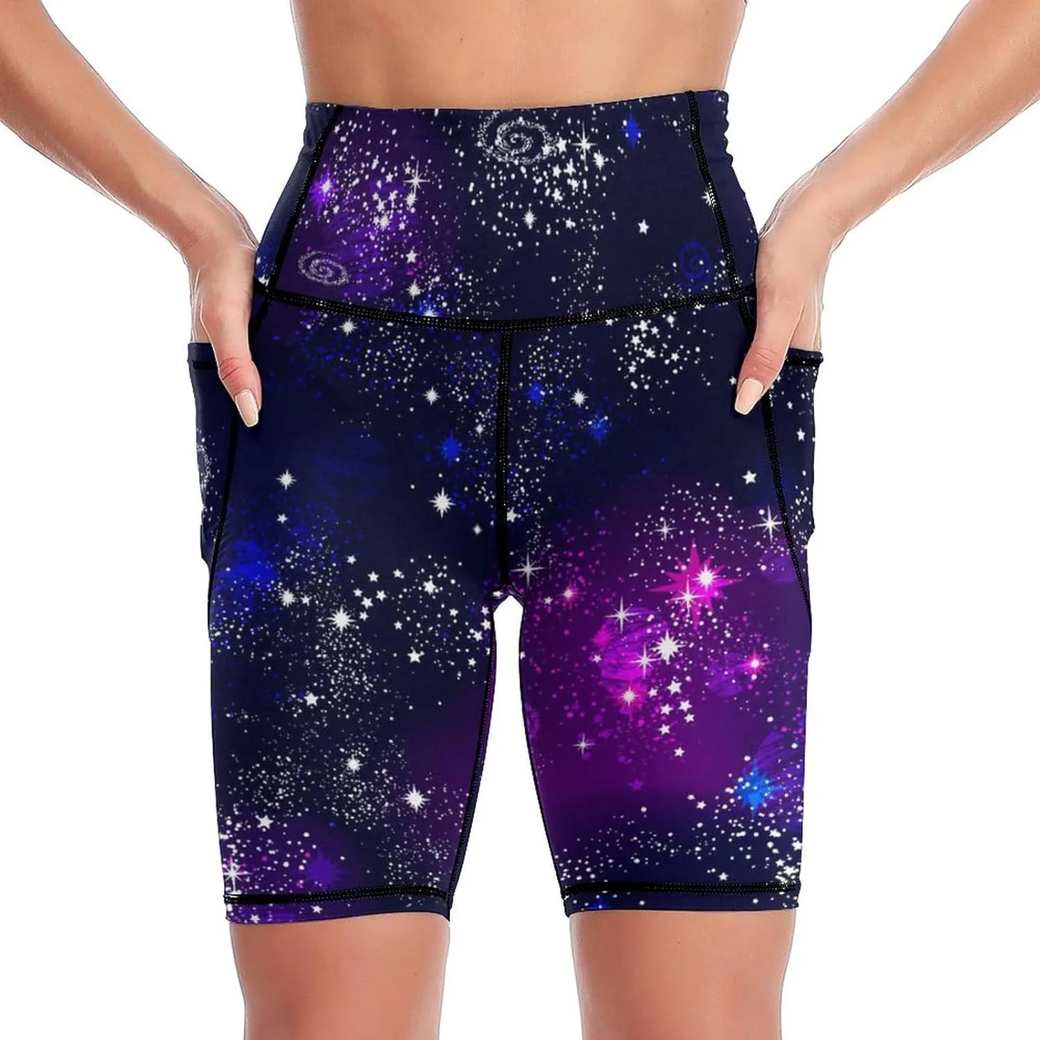 Women Biker Yoga Shorts High Waist Knee Length Workout Shorts with Pockets Soft