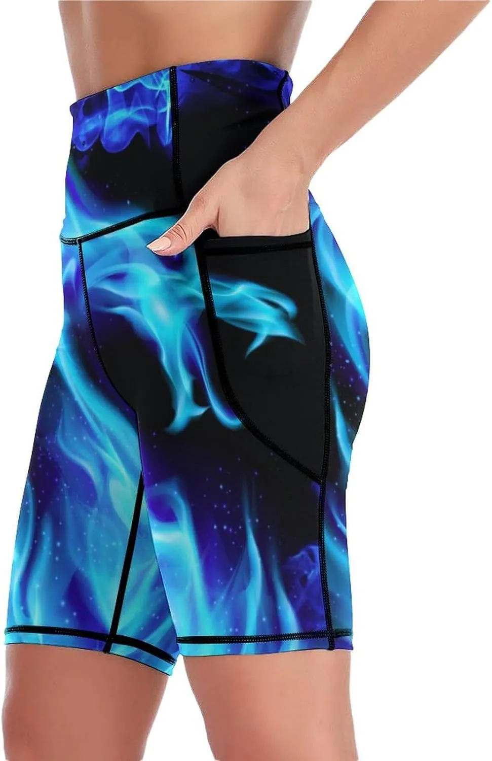 Women Biker Yoga Shorts High Waist Knee Length Workout Shorts with Pockets Soft