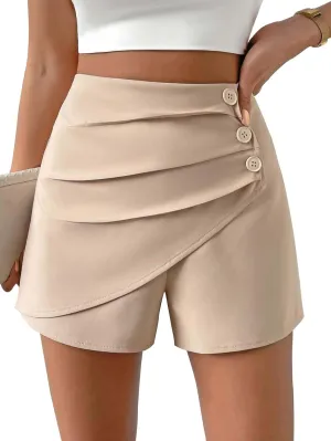 Women Casual Shorts High Waist Side Button Ruched Comfy Shorts Solid Ruffle Summer Dressy Shorts