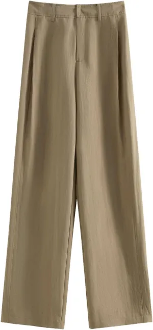 Women Coffee Retro Straight Leg Pants Tencel Casual Paperbag High Ladies Trousers Baggy Wide Leg Female