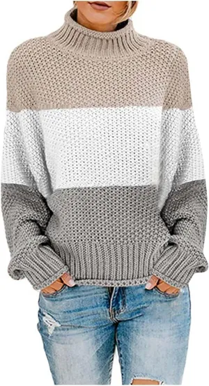 Women Fashion Chunky Knit Sweaters Striped Mock Neck Pullover Tops Loose Color Matching Long Sleeve Sweaters