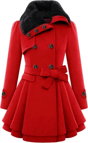 Women Faux Fur Collar Lapel Jacket Double Breasted Wool Blend Trench Coat Midi Swing Peacoats with Belt