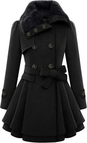 Women Faux Fur Collar Lapel Jacket Double Breasted Wool Blend Trench Coat Midi Swing Peacoats with Belt