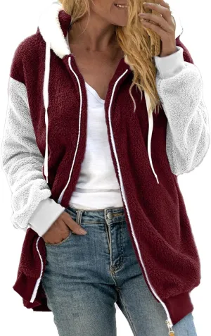 Women Fleece Teddy Coat Patchwork Plus Size Oversized Fluffy Winter Jackets with Hood Zip Plush Fuzzy Jackets Fashion