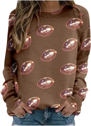 Women Game Day Sweatshirt Ladies' Round Neck Long Sleeved Printed Solid Color Cute Football Graphic