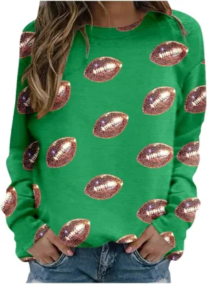 Women Game Day Sweatshirt Ladies' Round Neck Long Sleeved Printed Solid Color Cute Football Graphic
