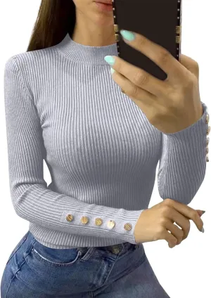 Women Mock Neck Tops Rib Knit Button Down Going Out Tops Long Sleeve Winter for Curvy Sweaters Fall Top Gym Clothes