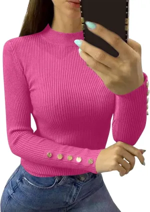 Women Mock Neck Tops Rib Knit Button Down Going Out Tops Long Sleeve Winter for Curvy Sweaters Fall Top Gym Clothes