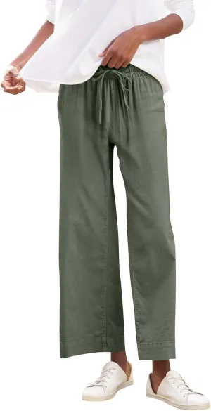 Women Pants Wide Leg Linen High Rise Summer Trendy Pants 2025 Elastic Flowy Palazzo with Pockets Solid Trouser Fashion