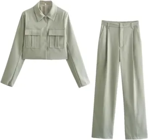 Women Solid Suits Streetwear Pockets Turn-Down Collar Short Jackets Wide Leg Pants