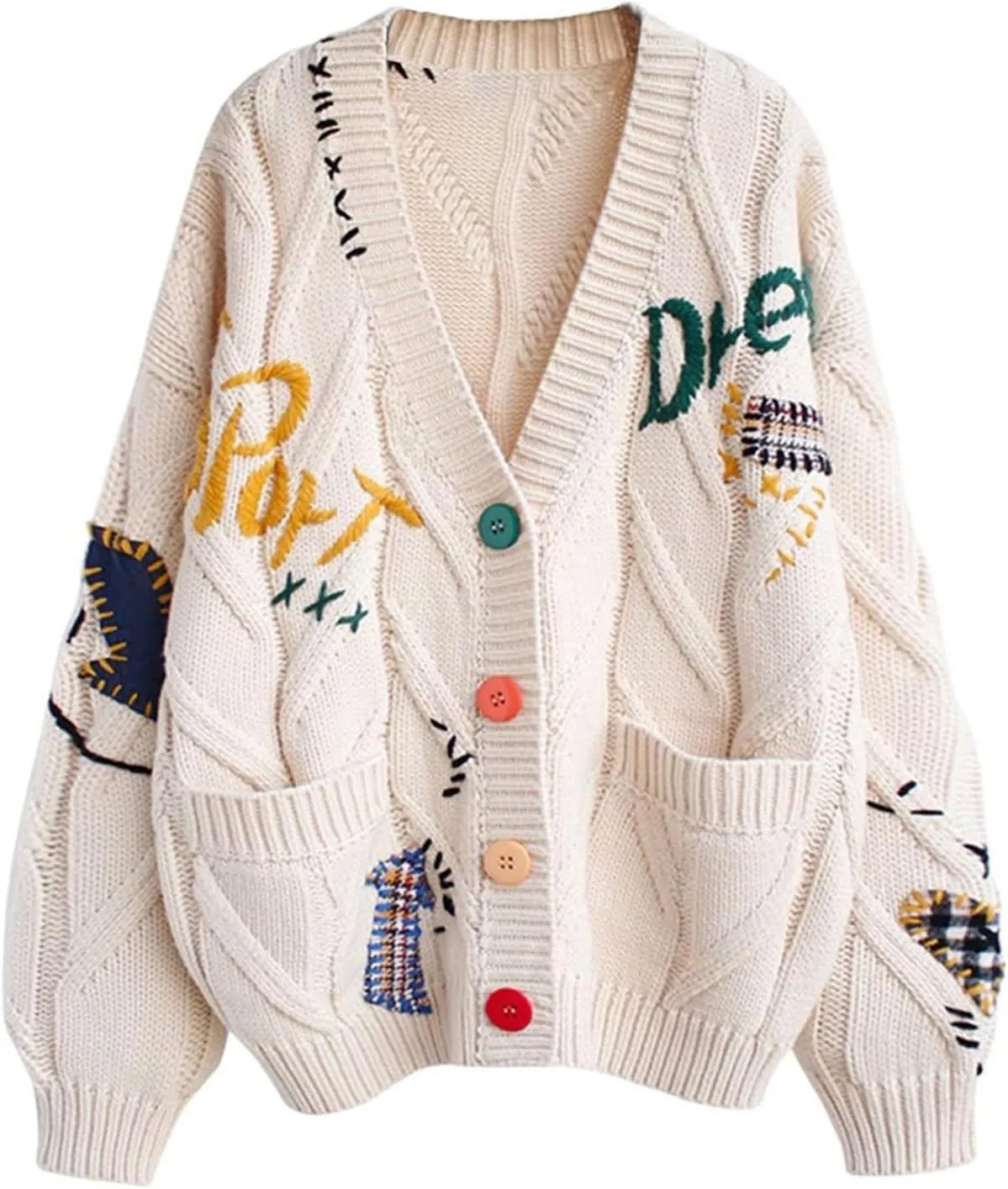Women Sweaters Chunky Cable Knit Cardigan Loose Button Down Embroidery Sweater Coats Casual V-Neck Outwear with Pocket