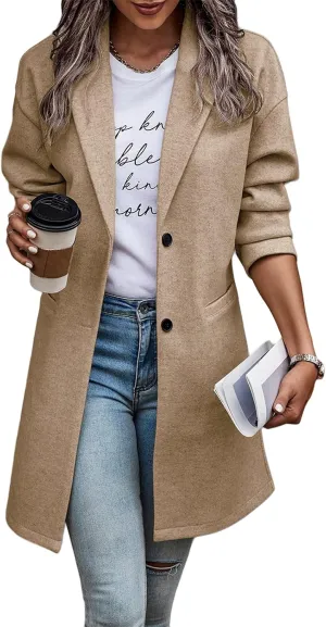 Women Trench Coat Notch Lapel Single Breasted Pea Coat Casual Mid Length Coat Wool Blend Long Sleeve Winter Coat