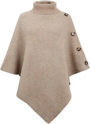 Women Turtleneck Poncho Sweater Button Knit Cape Irregular Hem Wrap Sweater 3/4 Sleeve Fall Winter Pullover Jumper