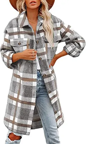 Womens 2023 Long Plaid Shacket Casual Fashion Fall Jackets Lapel Button Down Wool Blend Shackets Loose Trench Coat