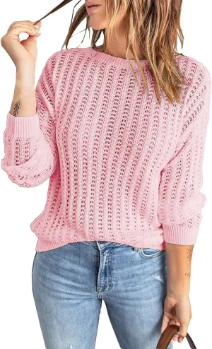 Women's 2024 Crew Neck Long Sleeve Pullover Sweater Casual Loose Fall Ribbed Knit Solid Drop Shoulder Jumper Tops