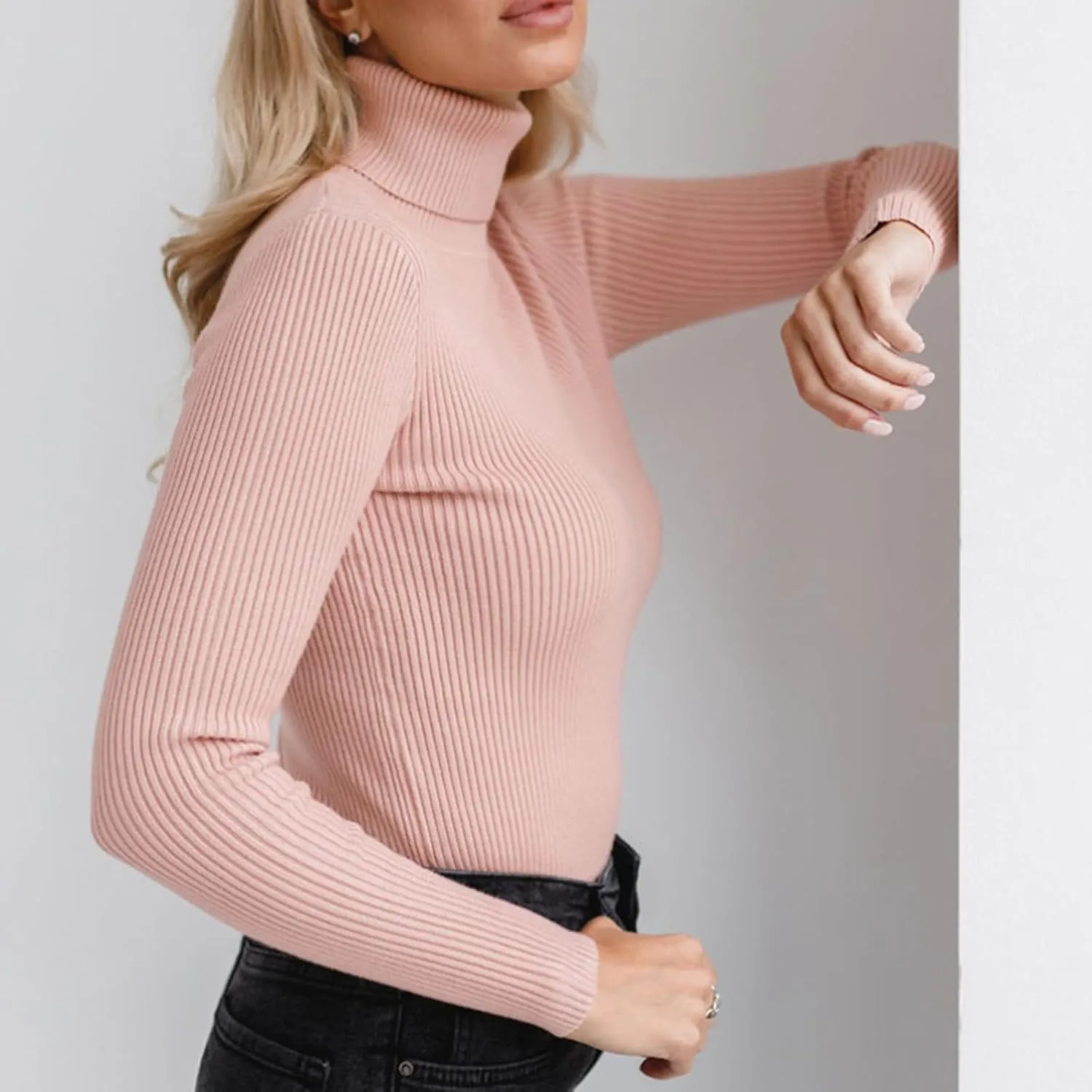 Women's 2024 Fall Long Sleeve Turtleneck T Shirt Ribbed Knit Sweater Slim Fit Basic Casual Fitted Basic Tee Tops