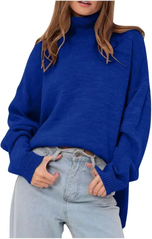 Women's 2024 Fall Winter Sweaters Turtleneck Long Sleeve Oversized High-Low Split Hem Knit Pullover Jumper Sweater Tops