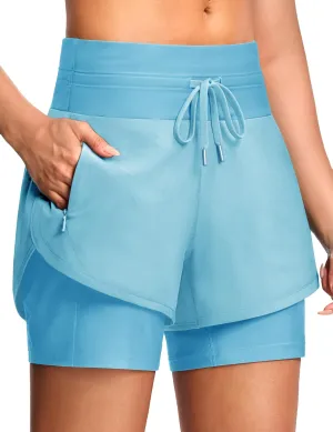Womens 3" Swim Board Shorts High Waisted Slimming Quick Dry UPF Swim Beach Trunks with Liner and Zipper Pockets