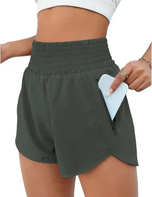Women's Athletic Shorts Quick Dry High Waisted Running Sporty Elastic Workout Gym Shorts with Zipper Pockets