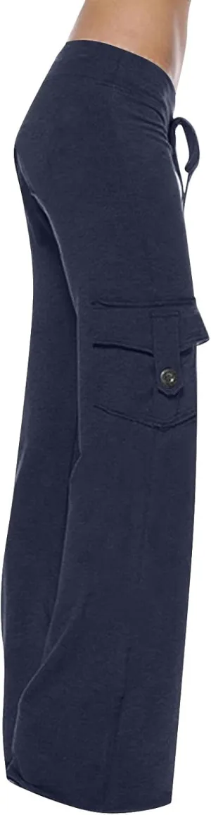 Womens Bootcut Yoga Pants Plus Size Workout Gym Sweatpants with Button Pockets Summer Straight Wide Leg Cargo Trousers